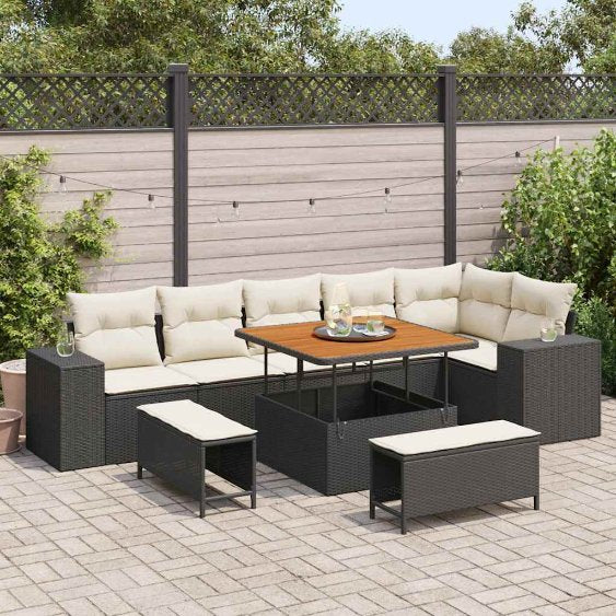 vidaXL Conjunto de Sofá de Jardim com almofada 9 pcs Preto vime PE