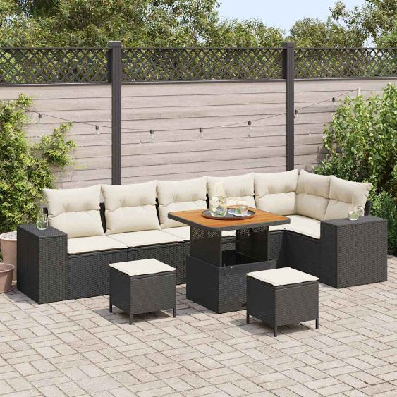 vidaXL Conjunto de Sofá de Jardim com almofada 9 pcs Preto vime PE