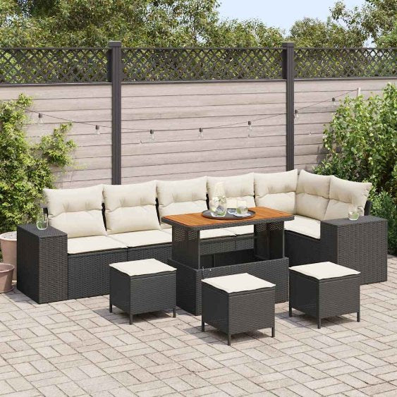 vidaXL Conjunto de Sofá de Jardim com almofada 9 pcs Preto vime PE