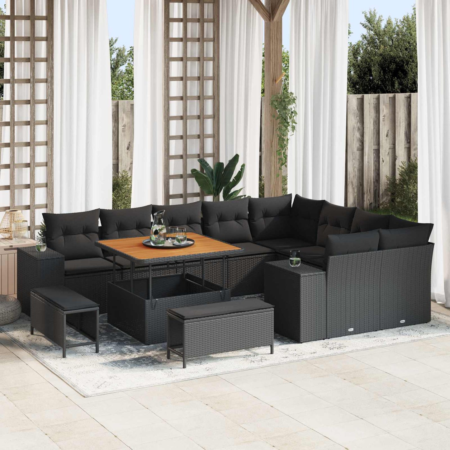 vidaXL Conjunto de Sofá de Jardim com almofada 12 pcs Preto vime PE