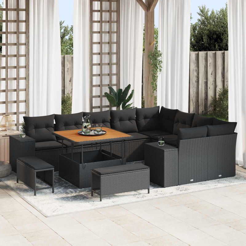 vidaXL Conjunto de Sofá de Jardim com almofada 12 pcs Preto vime PE