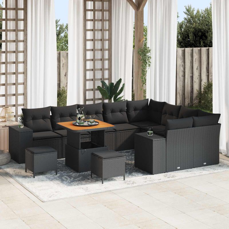 vidaXL Conjunto de Sofá de Jardim com almofada 12 pcs Preto vime PE