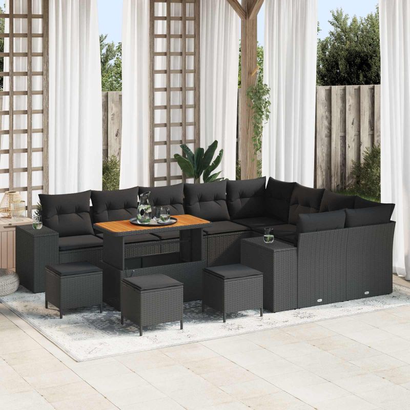 vidaXL Conjunto de Sofá de Jardim com almofada 12 pcs Preto vime PE