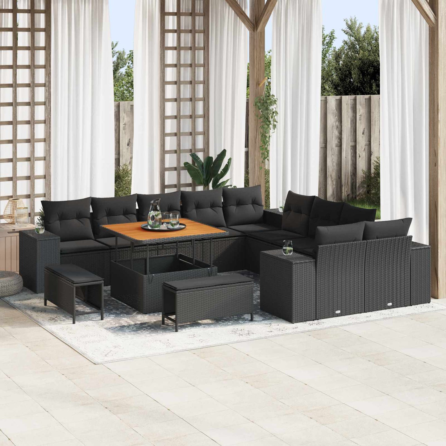 vidaXL Conjunto de Sofá de Jardim com almofada 13 pcs Preto vime PE