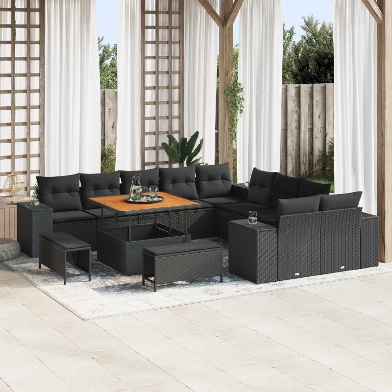 vidaXL Conjunto de Sofá de Jardim com almofada 13 pcs Preto vime PE