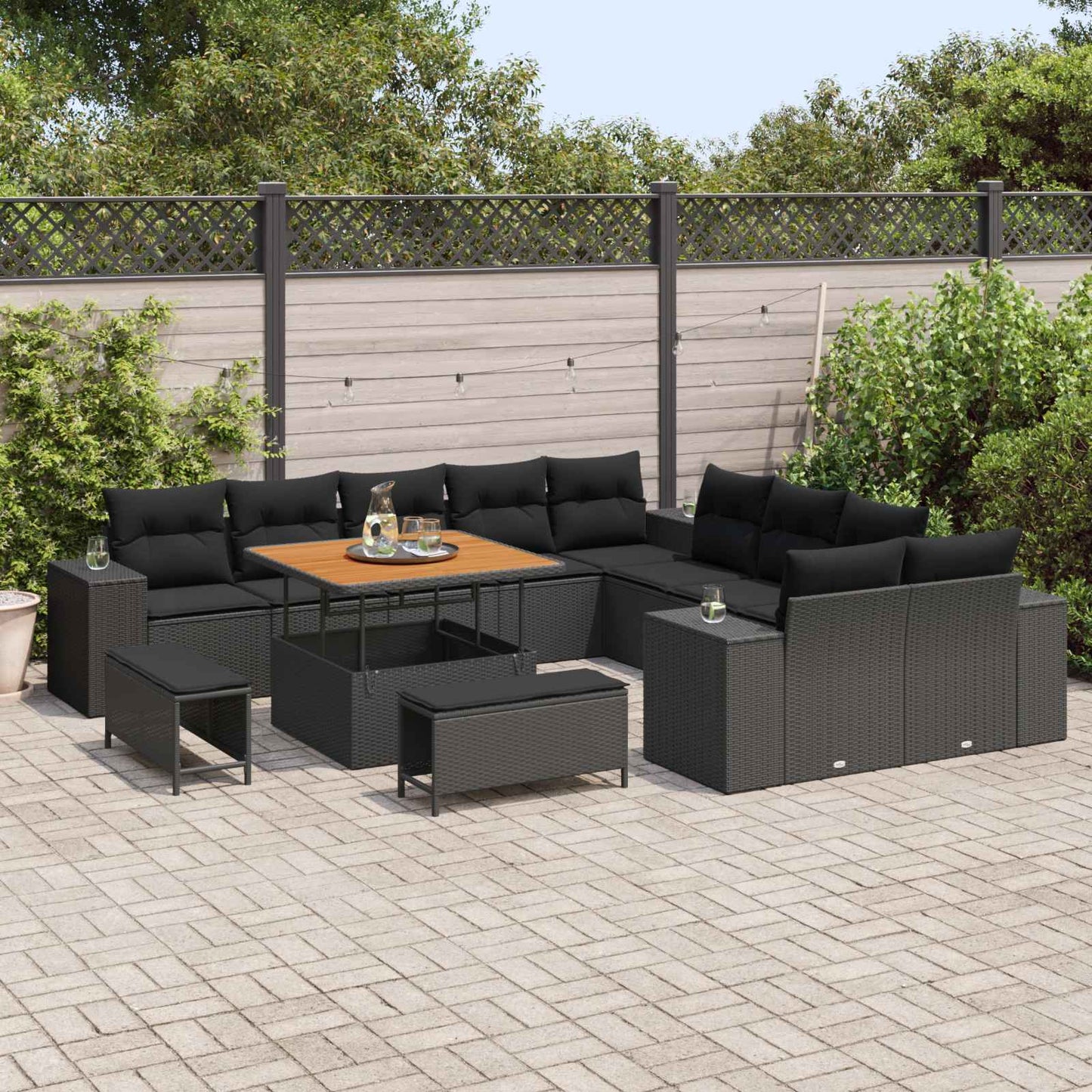 vidaXL Conjunto de Sofá de Jardim com almofada 13 pcs Preto vime PE