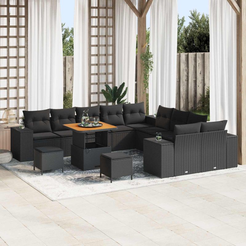 vidaXL Conjunto de Sofá de Jardim com almofada 13 pcs Preto vime PE