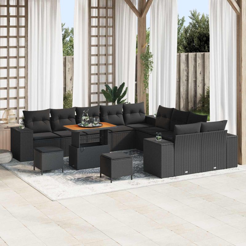 vidaXL Conjunto de Sofá de Jardim com almofada 13 pcs Preto vime PE
