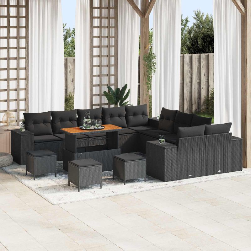 vidaXL Conjunto de Sofá de Jardim com almofada 13 pcs Preto vime PE