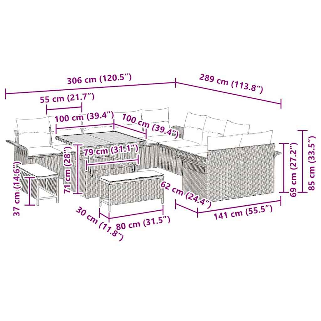 vidaXL Conjunto de Sofá de Jardim com almofada 13 pcs Preto vime PE