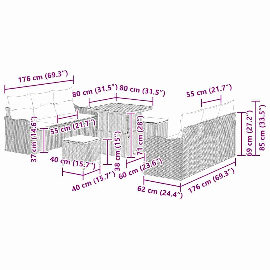 vidaXL Conjunto de Sofá de Jardim com almofada 9 pcs Preto vime PE