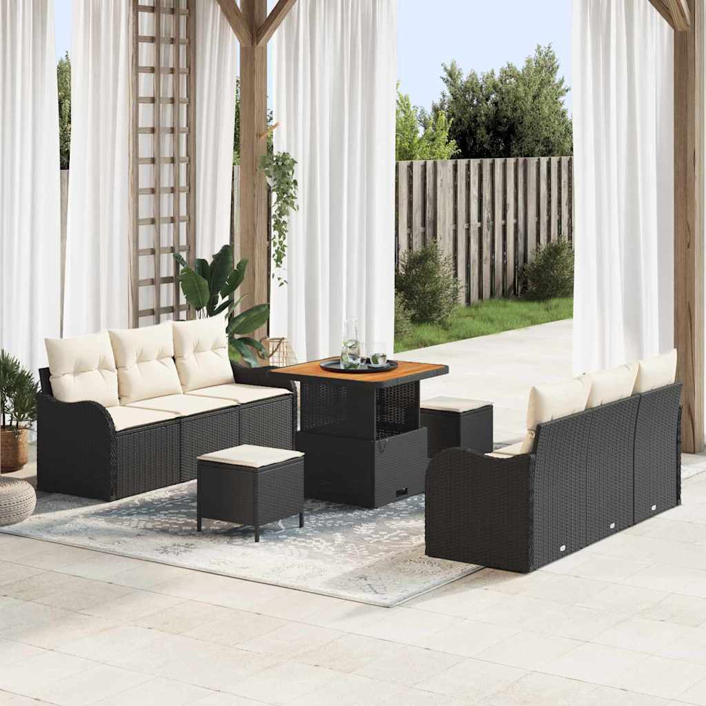 vidaXL Conjunto de Sofá de Jardim com almofada 9 pcs Preto vime PE