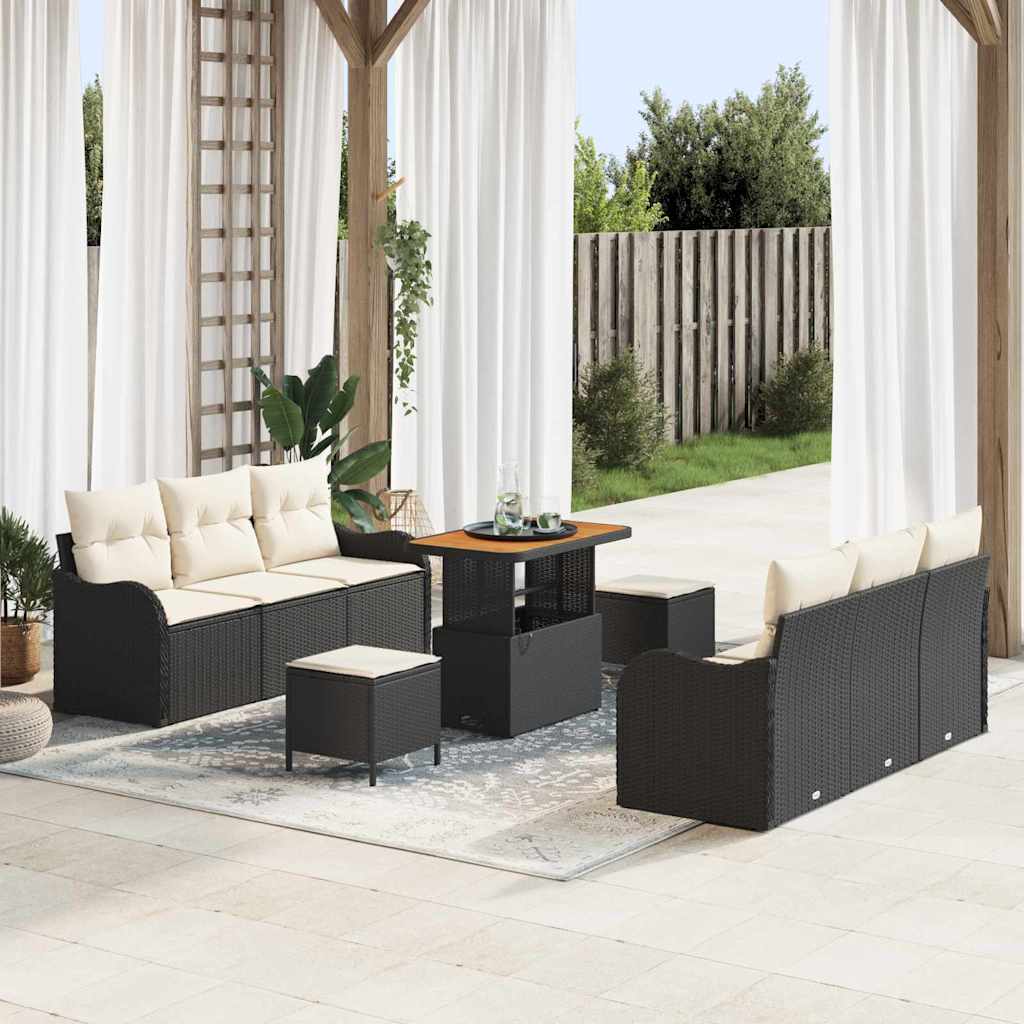 vidaXL Conjunto de Sofá de Jardim com almofada 9 pcs Preto vime PE