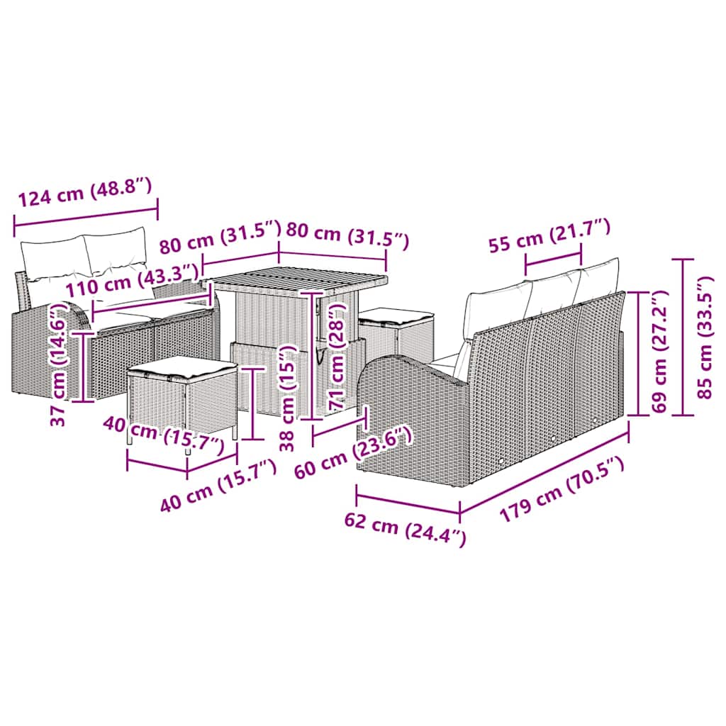 vidaXL Conjunto de Sofá de Jardim com almofada 8 pcs Preto vime PE