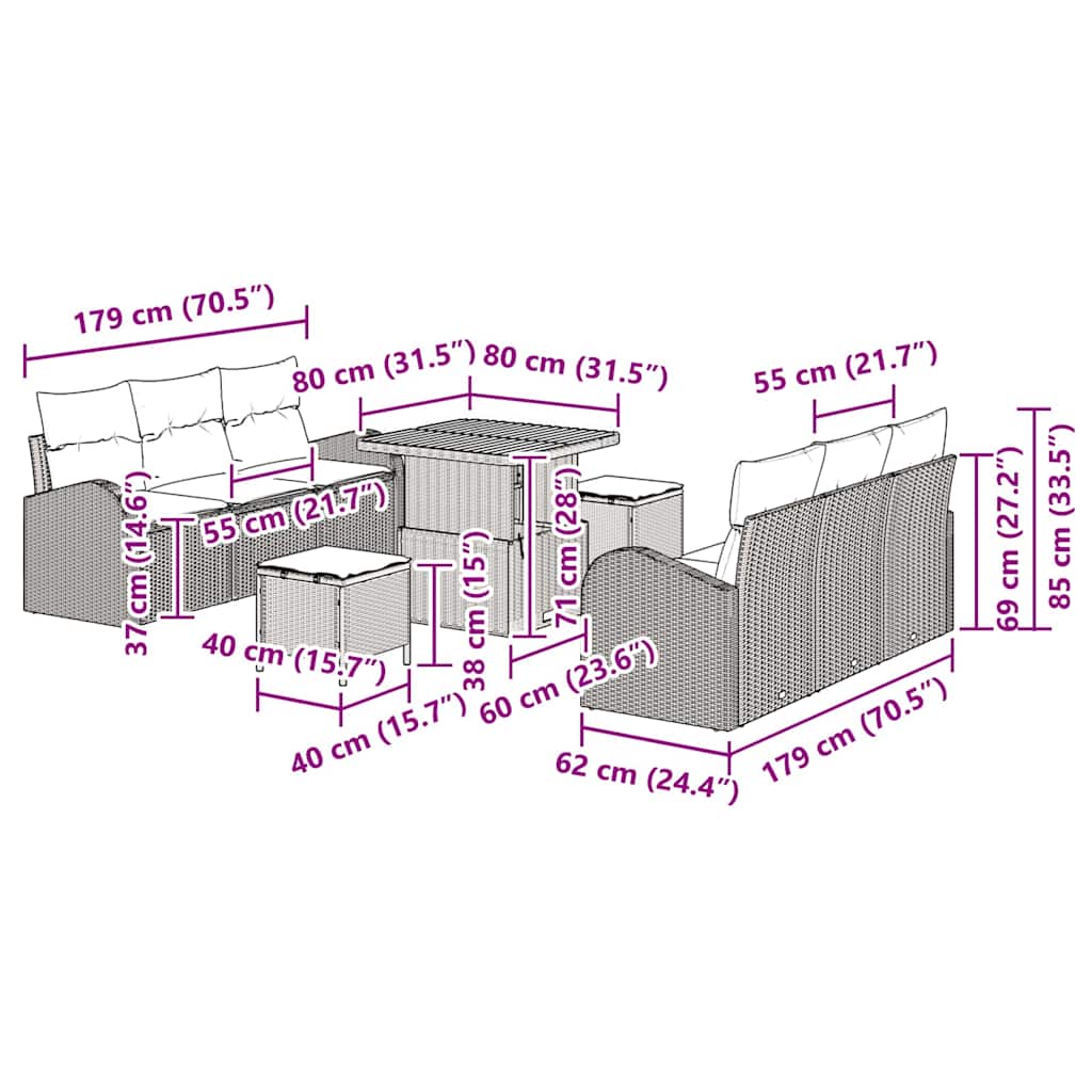vidaXL Conjunto de Sofá de Jardim com almofada 9 pcs Preto vime PE