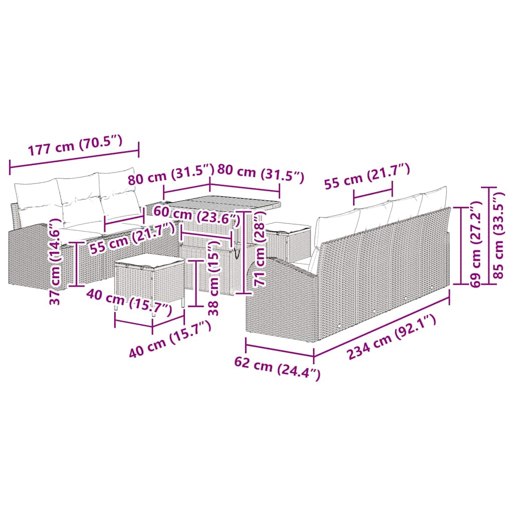 vidaXL Conjunto de Sofá de Jardim com almofada 10 pcs Preto vime PE