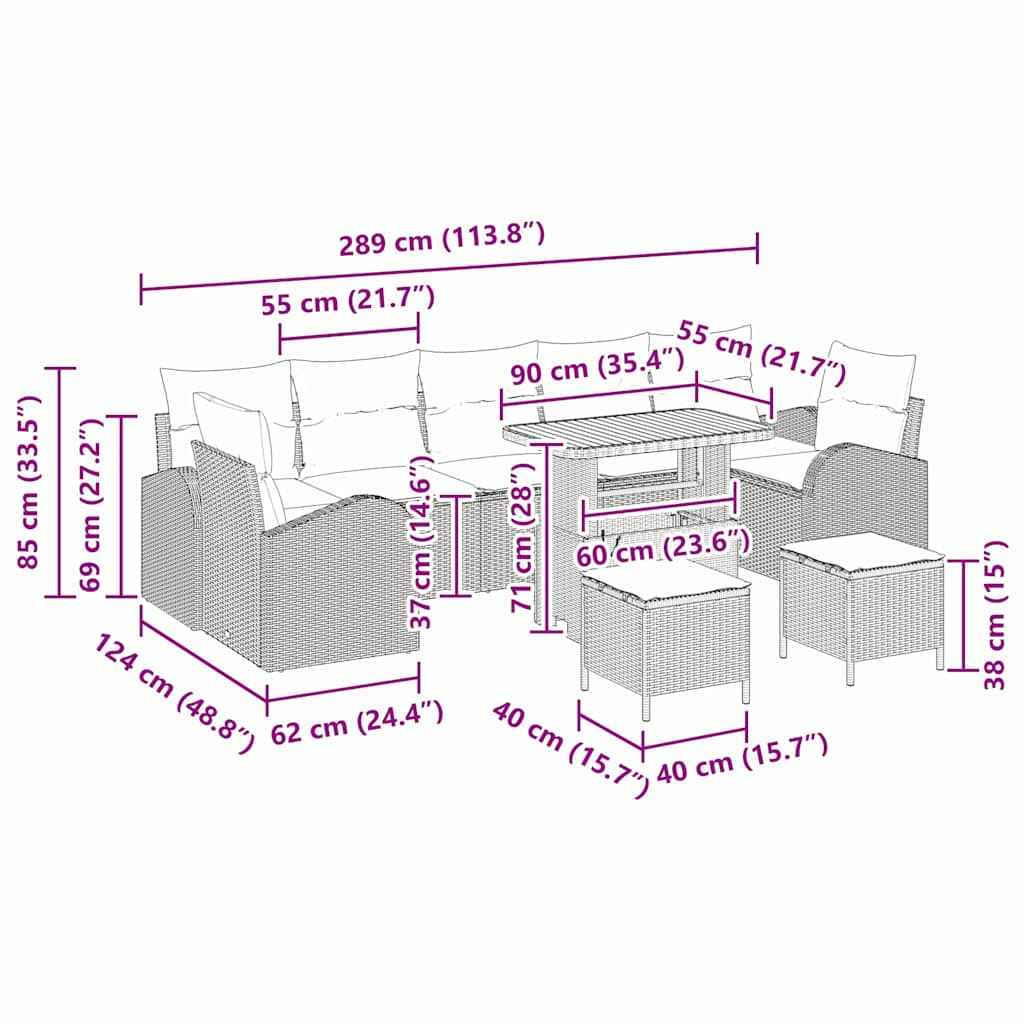 vidaXL Conjunto de Sofá de Jardim 10 pcs Preto Rattan Sintético