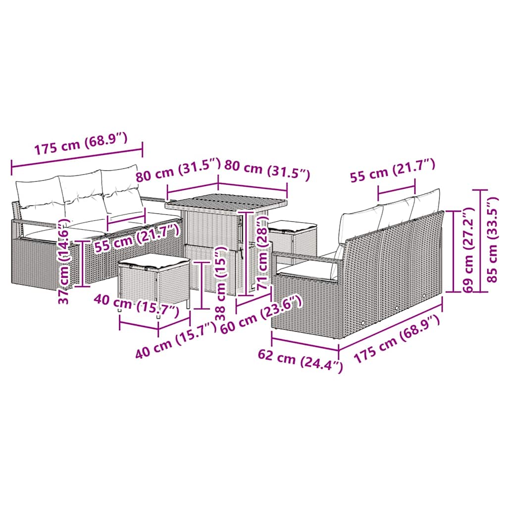 vidaXL Conjunto de Sofá de Jardim com almofada 9 pcs Preto vime PE