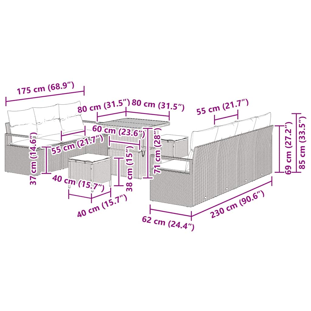 vidaXL Conjunto de Sofá de Jardim com almofada 10 pcs Preto vime PE