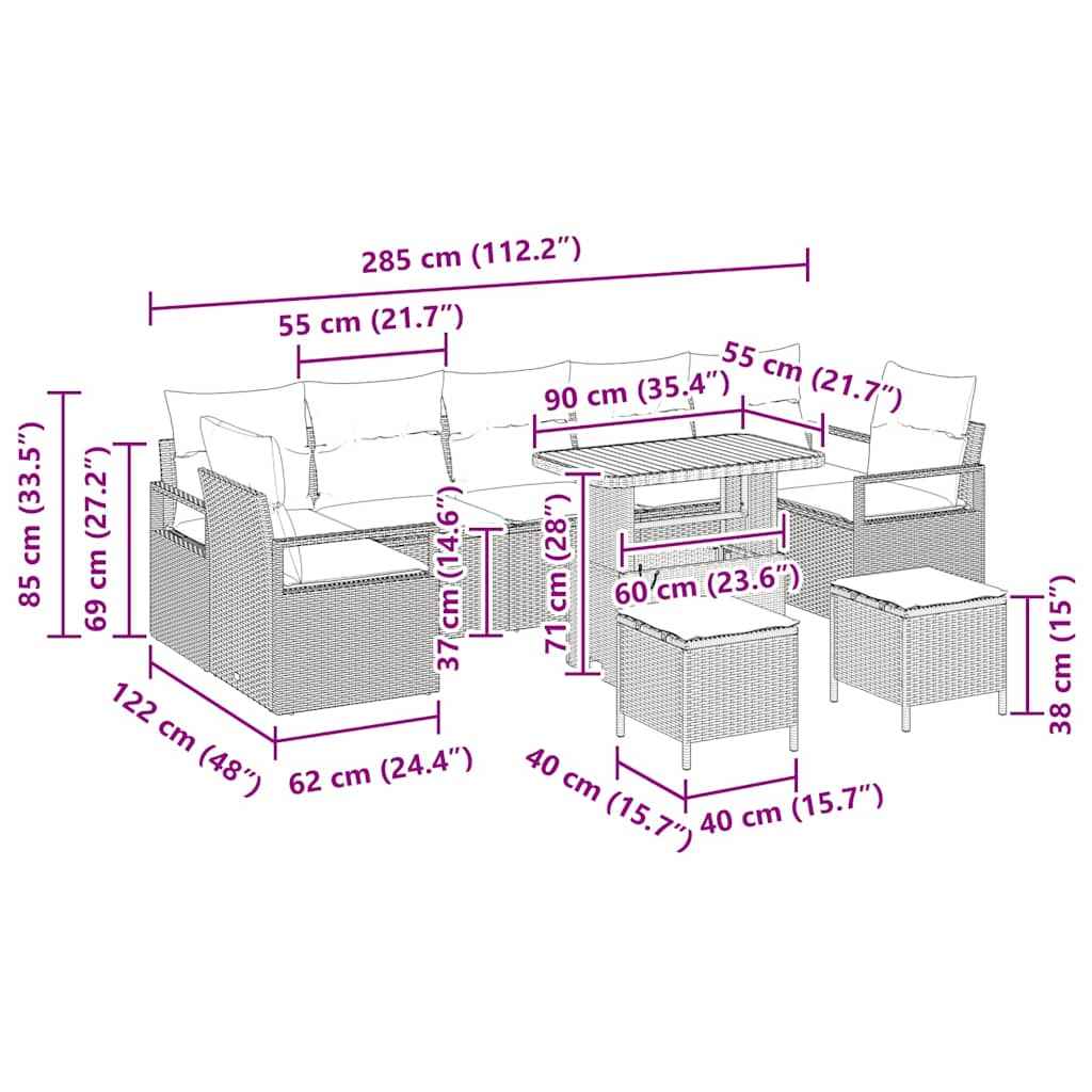 vidaXL Conjunto de Sofá de Jardim com almofada 10 pcs Preto vime PE