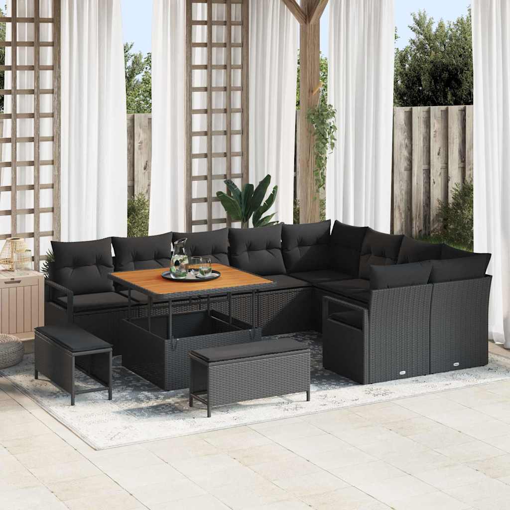 vidaXL Conjunto de Sofá de Jardim com almofada 12 pcs Preto vime PE
