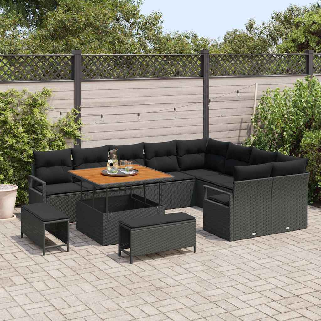 vidaXL Conjunto de Sofá de Jardim com almofada 12 pcs Preto vime PE
