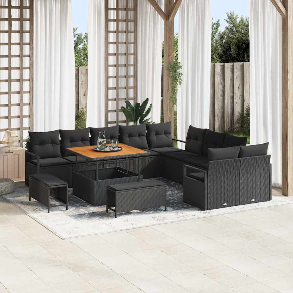 vidaXL Conjunto de Sofá de Jardim com almofada 13 pcs Preto vime PE