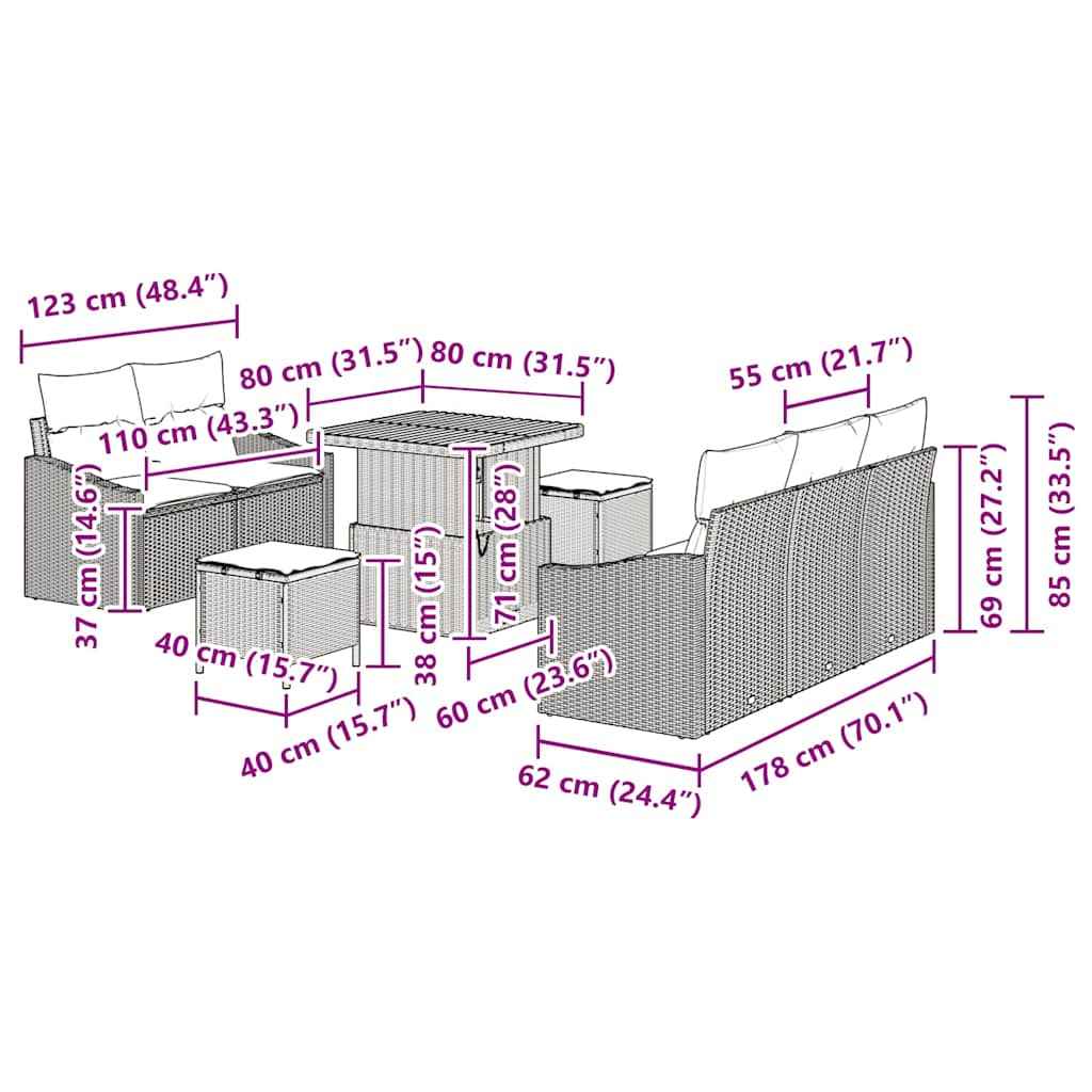 vidaXL Conjunto de Sofá de Jardim 8 pcs Preto Rattan Sintético