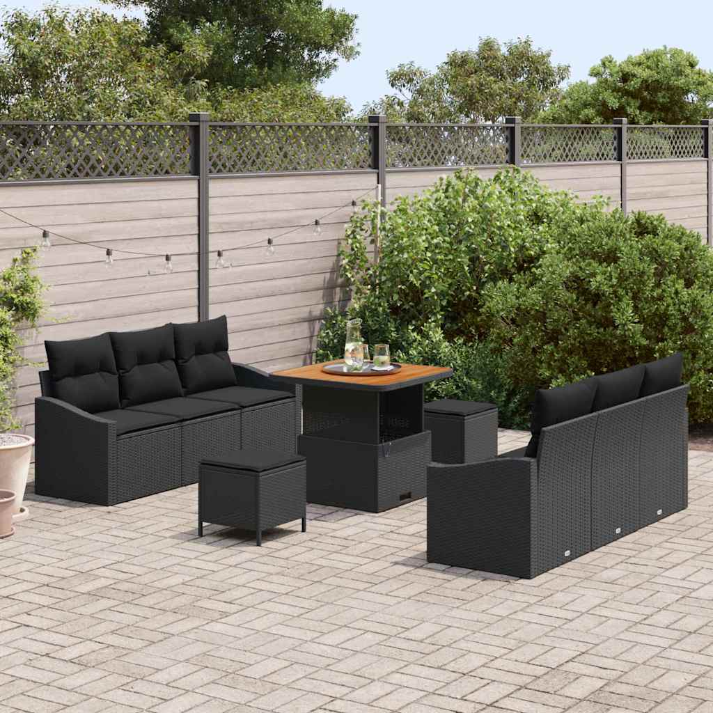vidaXL Conjunto de Sofá de Jardim com almofada 9 pcs Preto vime PE