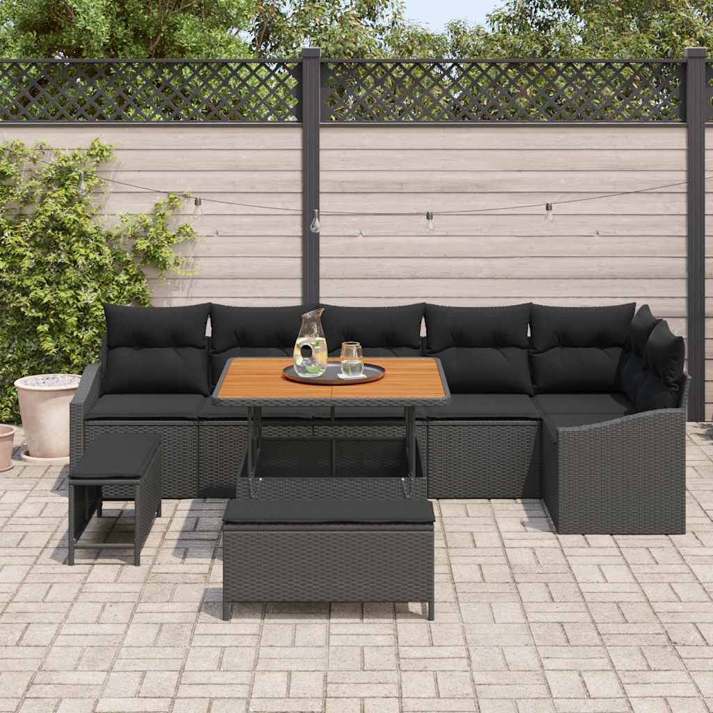 vidaXL Conjunto de Sofá de Jardim com almofada 9 pcs Preto vime PE