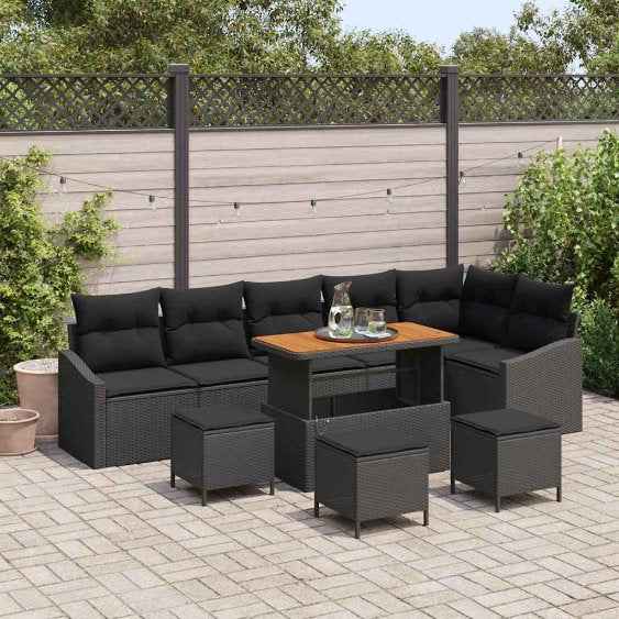 vidaXL Conjunto de Sofá de Jardim 9 pcs Preto Rattan Sintético