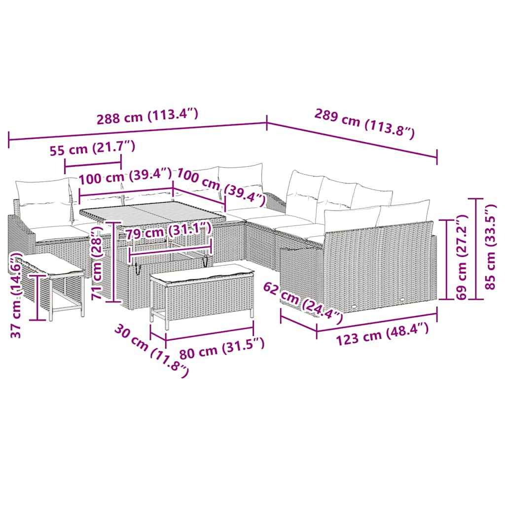 vidaXL Conjunto de Sofá de Jardim com almofada 13 pcs Preto vime PE