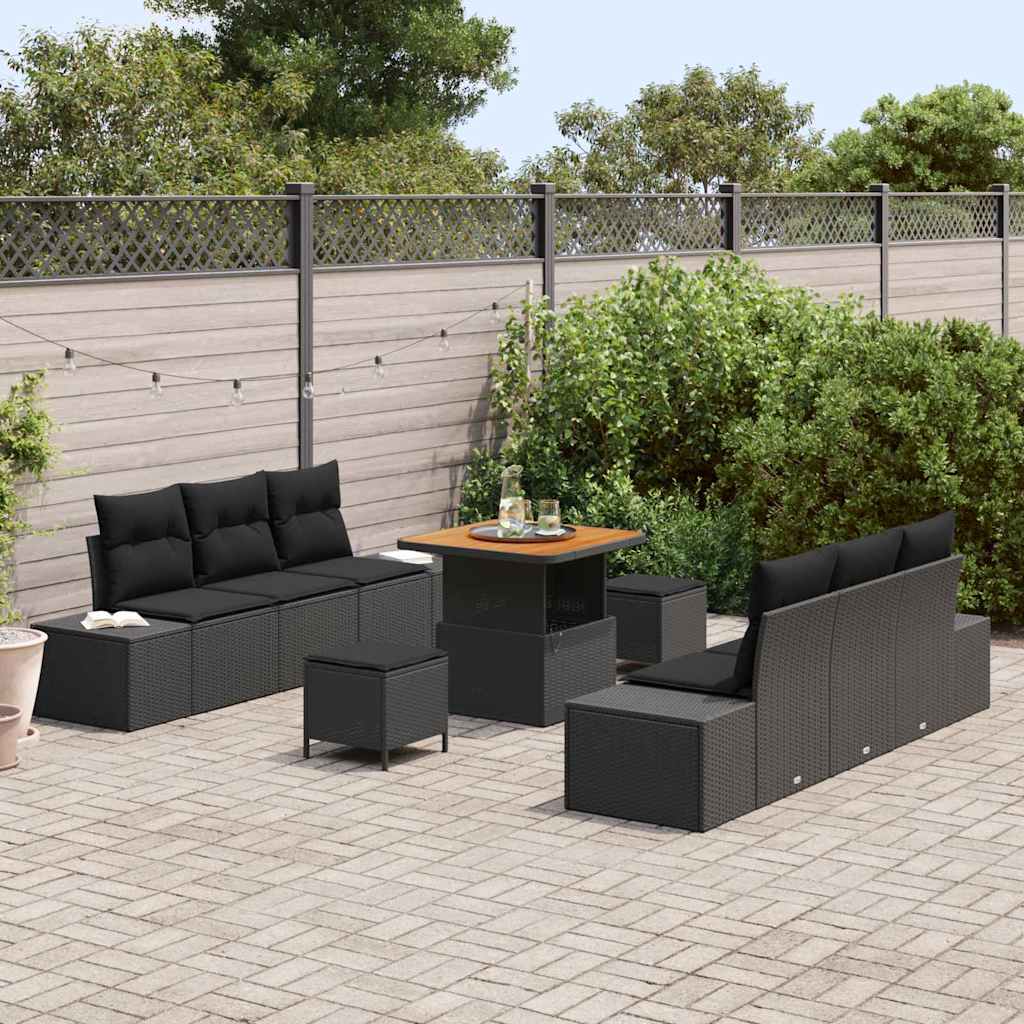 vidaXL Conjunto de Sofá de Jardim com almofada 9 pcs Preto vime PE