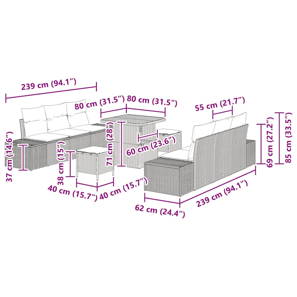 vidaXL Conjunto de Sofá de Jardim com almofada 9 pcs Preto vime PE