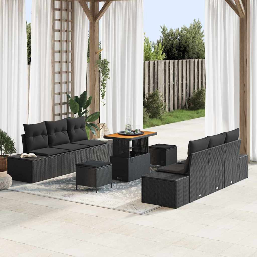 vidaXL Conjunto de Sofá de Jardim com almofada 9 pcs Preto vime PE