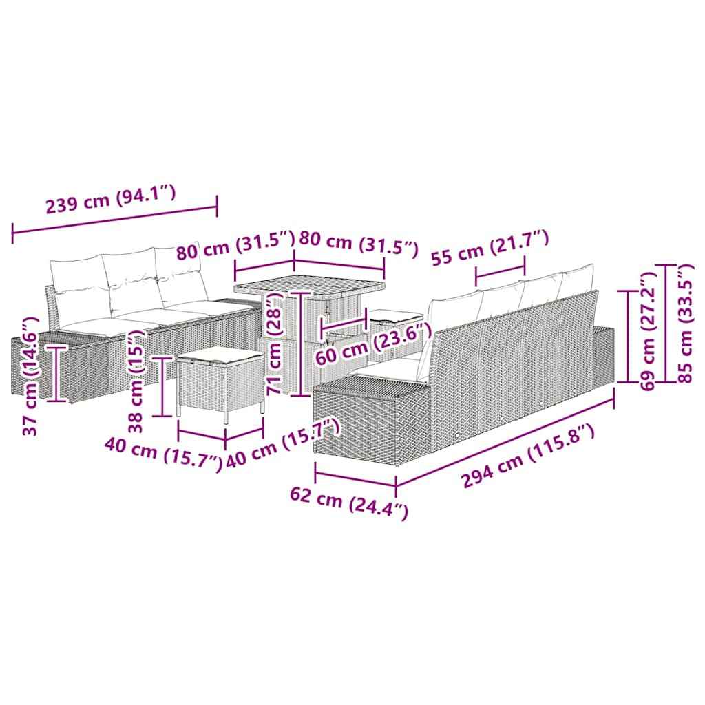 vidaXL Conjunto de Sofá de Jardim com almofada 10 pcs Preto vime PE