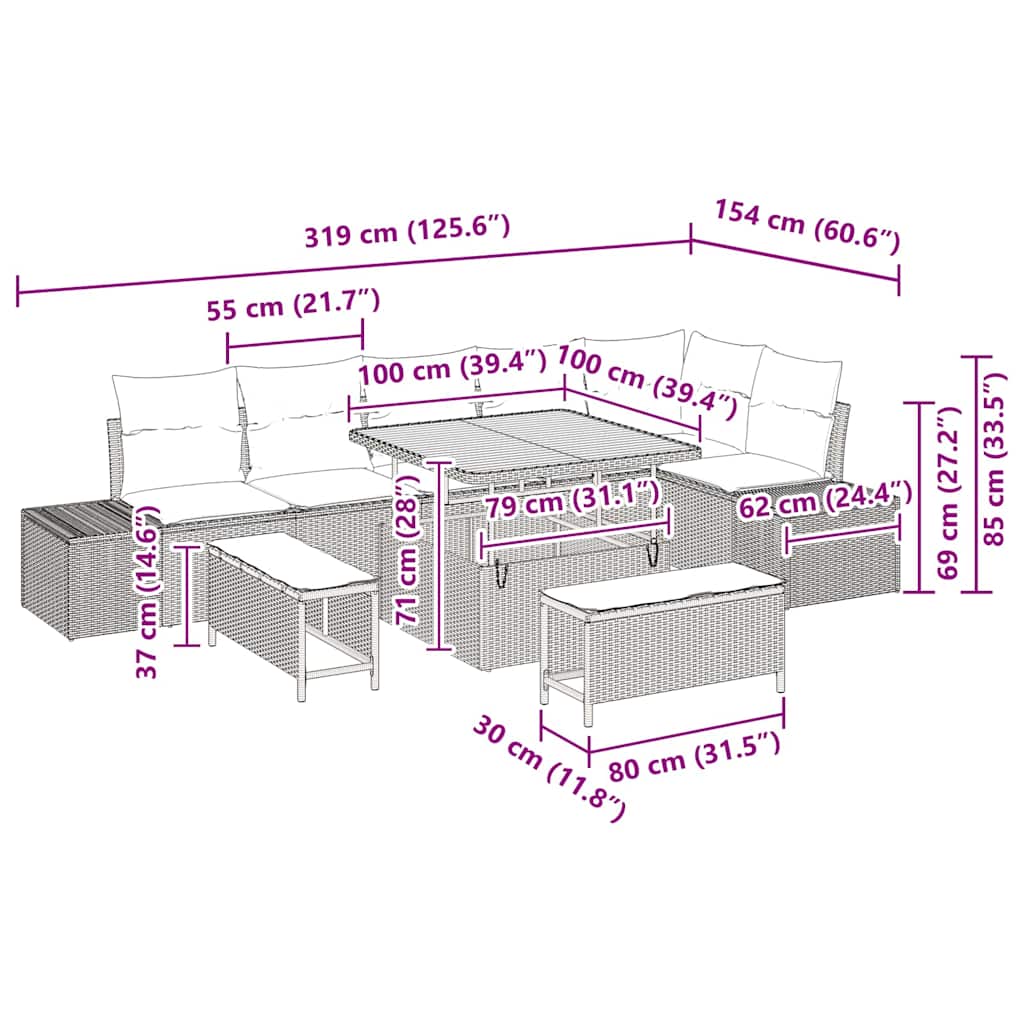 vidaXL Conjunto de Sofá de Jardim com almofada 9 pcs Preto vime PE