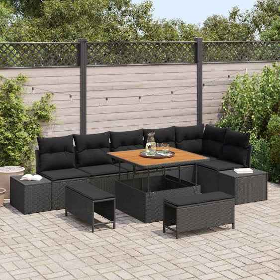 vidaXL Conjunto de Sofá de Jardim com almofada 9 pcs Preto vime PE