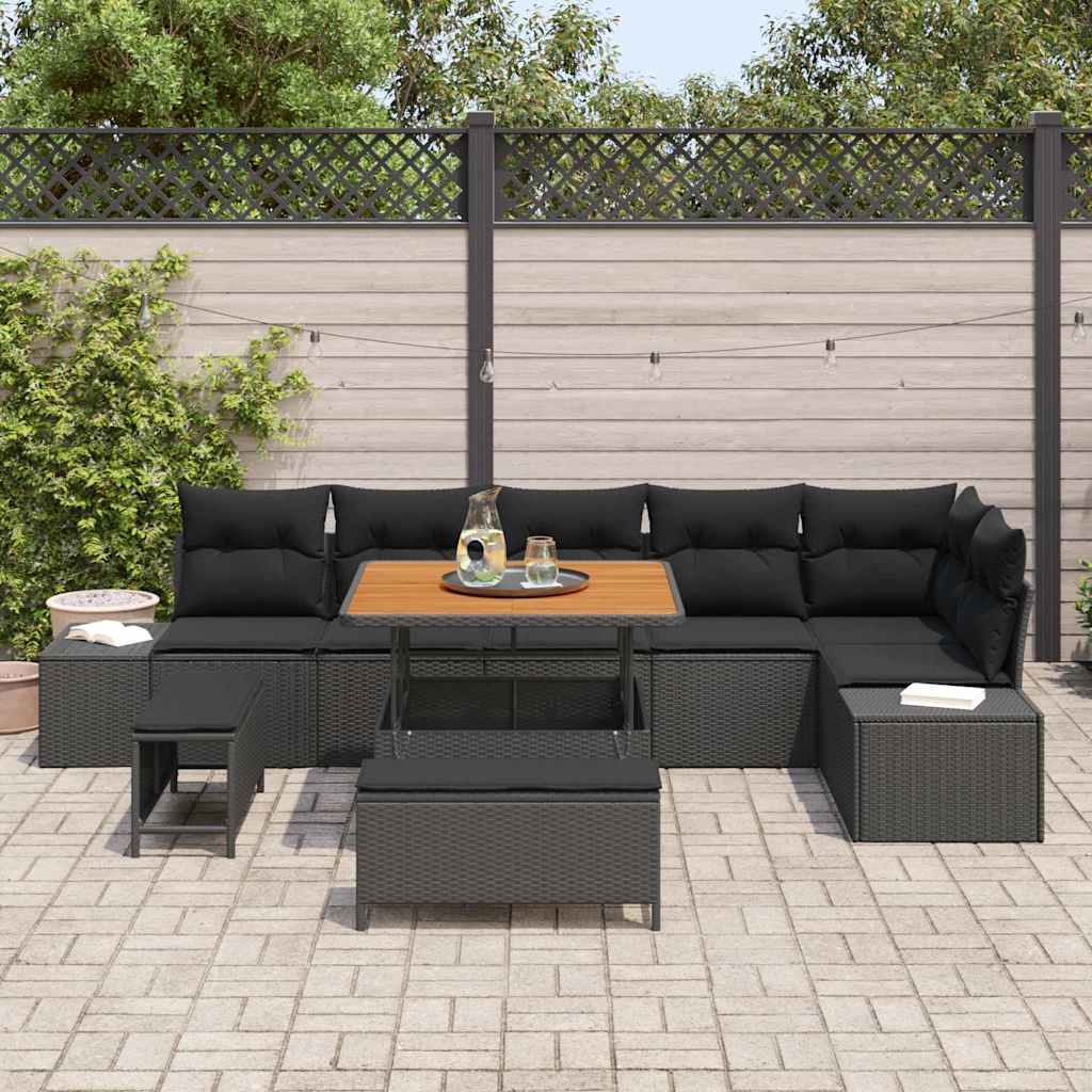 vidaXL Conjunto de Sofá de Jardim com almofada 9 pcs Preto vime PE