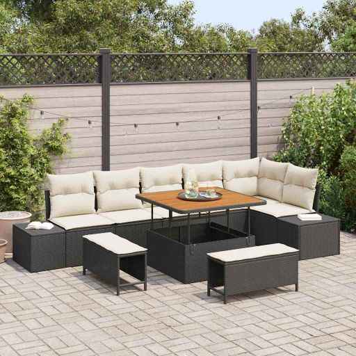vidaXL Conjunto de Sofá de Jardim com almofada 9 pcs Preto vime PE