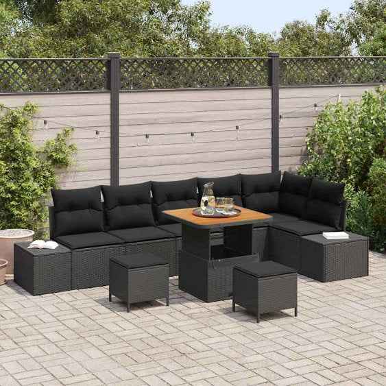 vidaXL Conjunto de Sofá de Jardim com almofada 9 pcs Preto vime PE