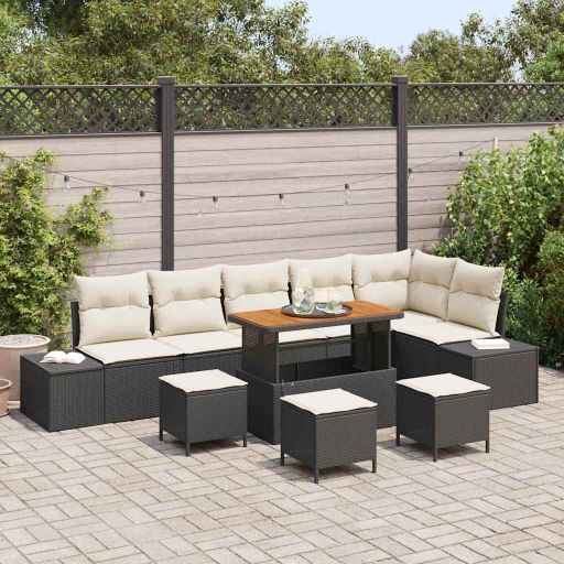 vidaXL Conjunto de Sofá de Jardim com almofada 9 pcs Preto vime PE