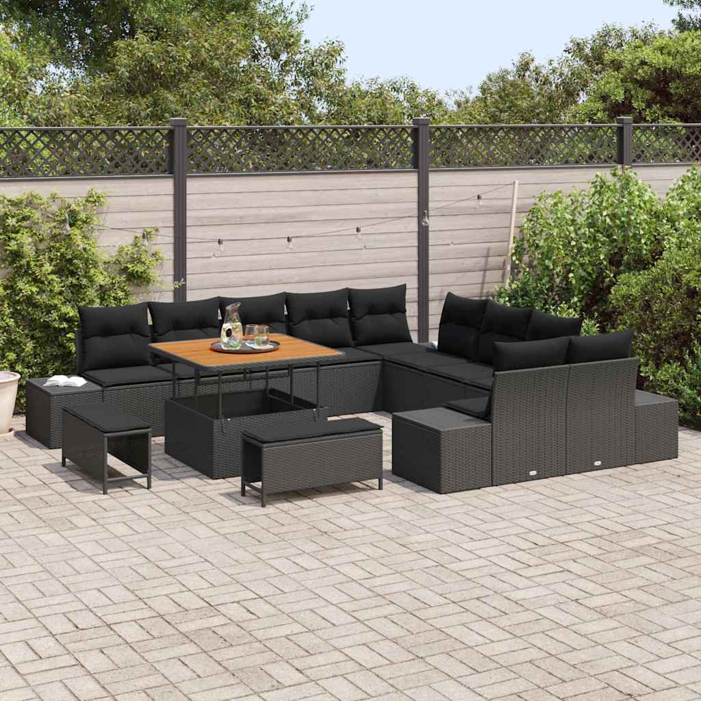 vidaXL Conjunto de Sofá de Jardim com almofada 13 pcs Preto vime PE