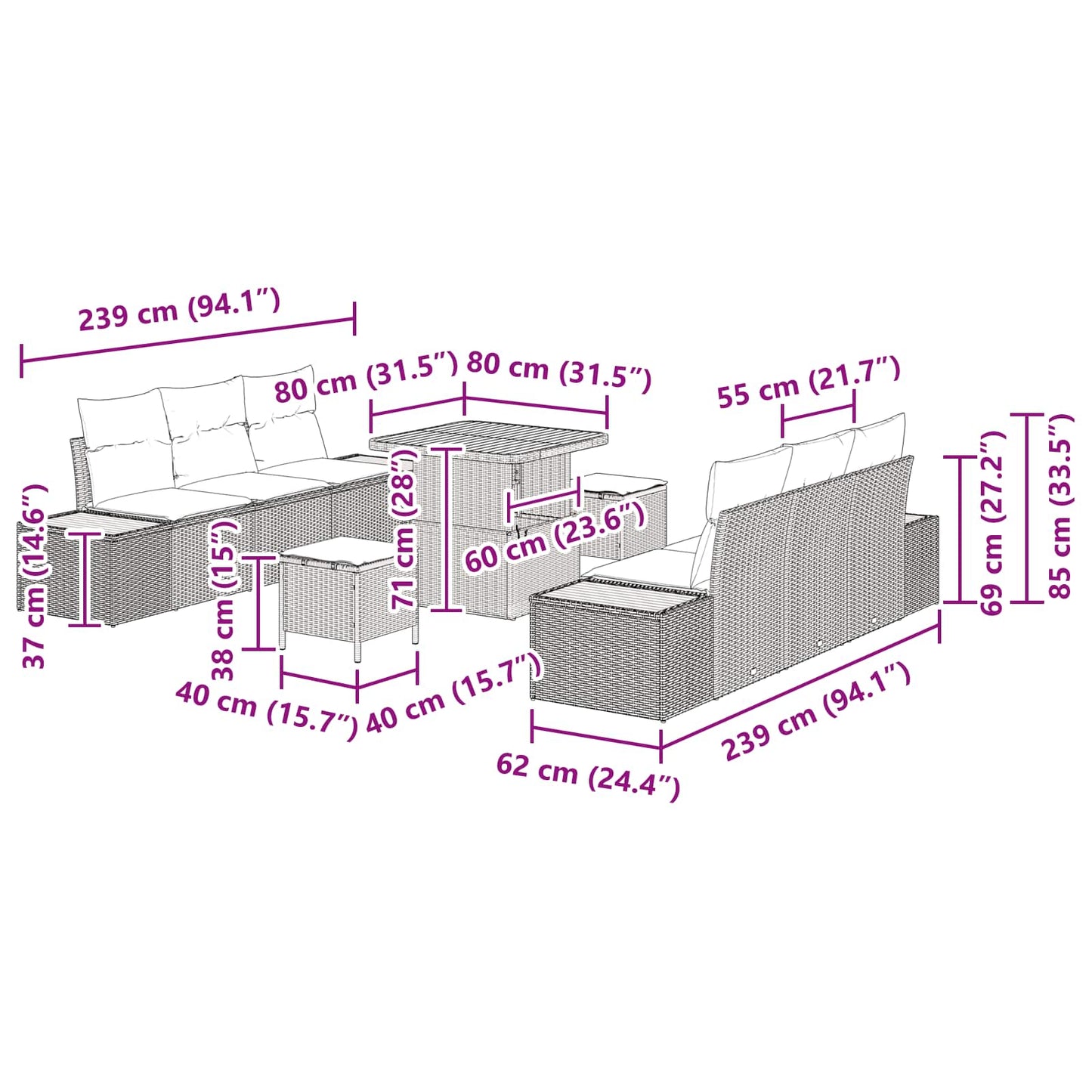 vidaXL Conjunto de Sofá de Jardim 9 pcs Preto vime PE