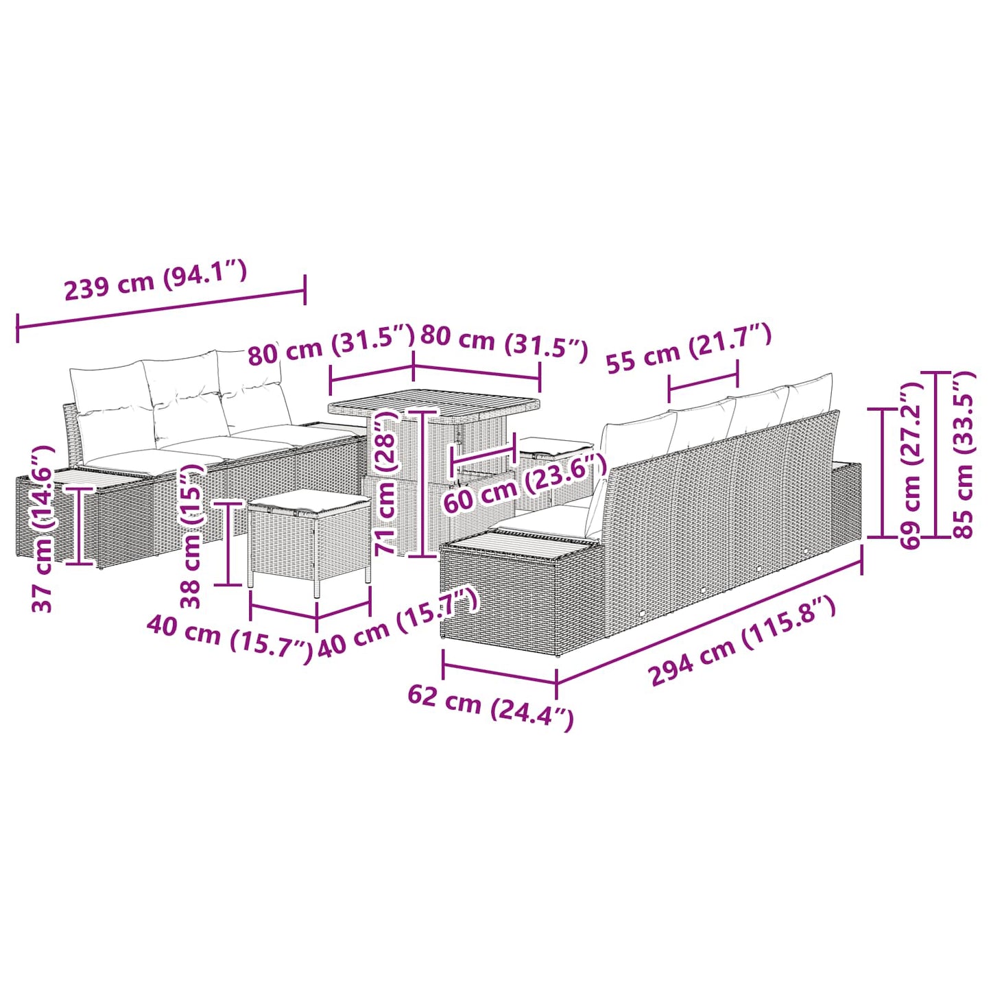 vidaXL Conjunto de Sofá de Jardim 10 pcs Preto vime PE