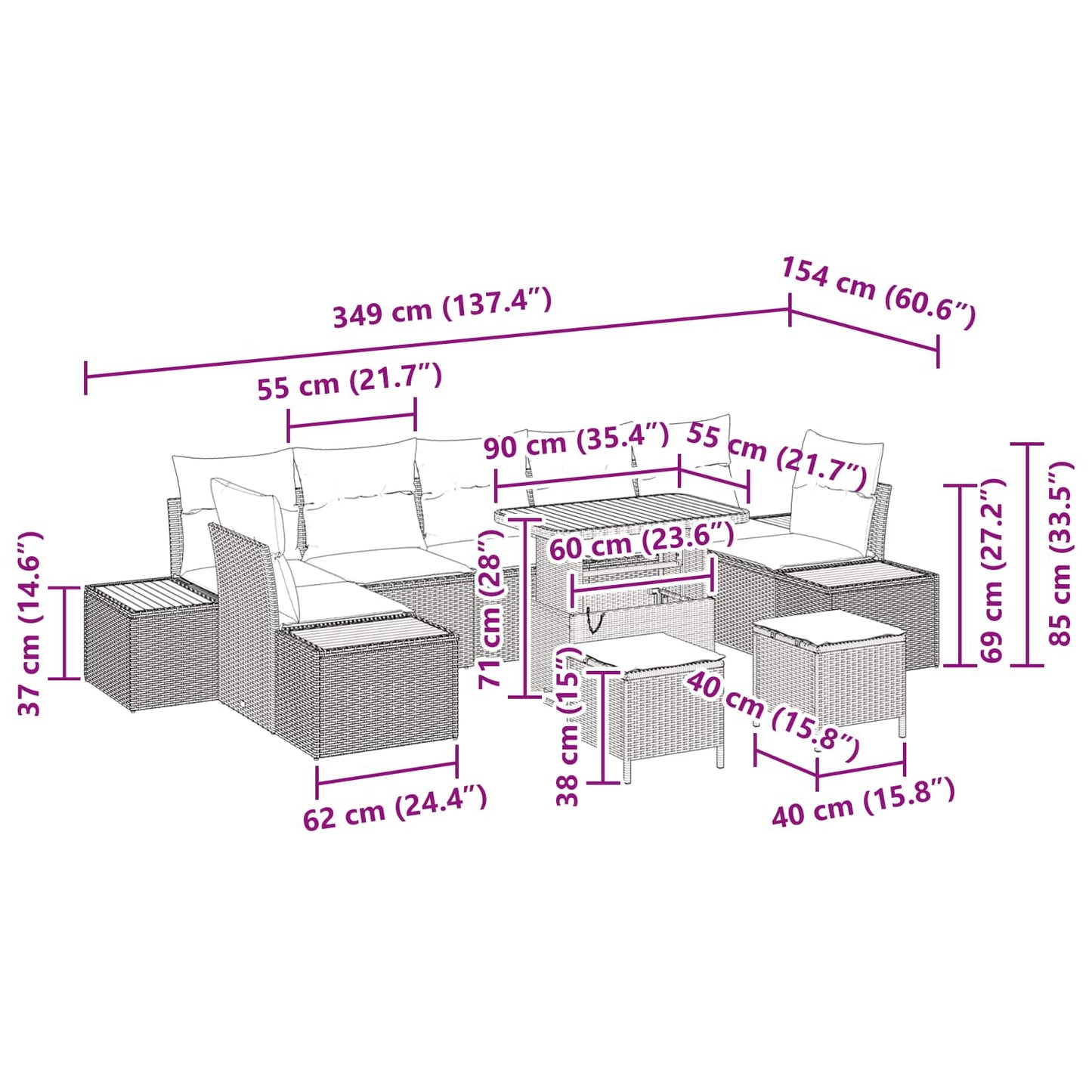 vidaXL Conjunto de Sofá de Jardim 10 pcs Preto vime PE