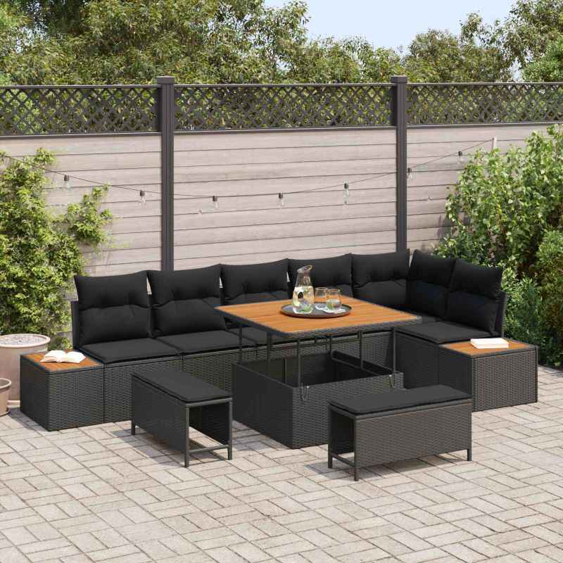 vidaXL Conjunto de Sofá de Jardim 9 pcs Preto vime PE