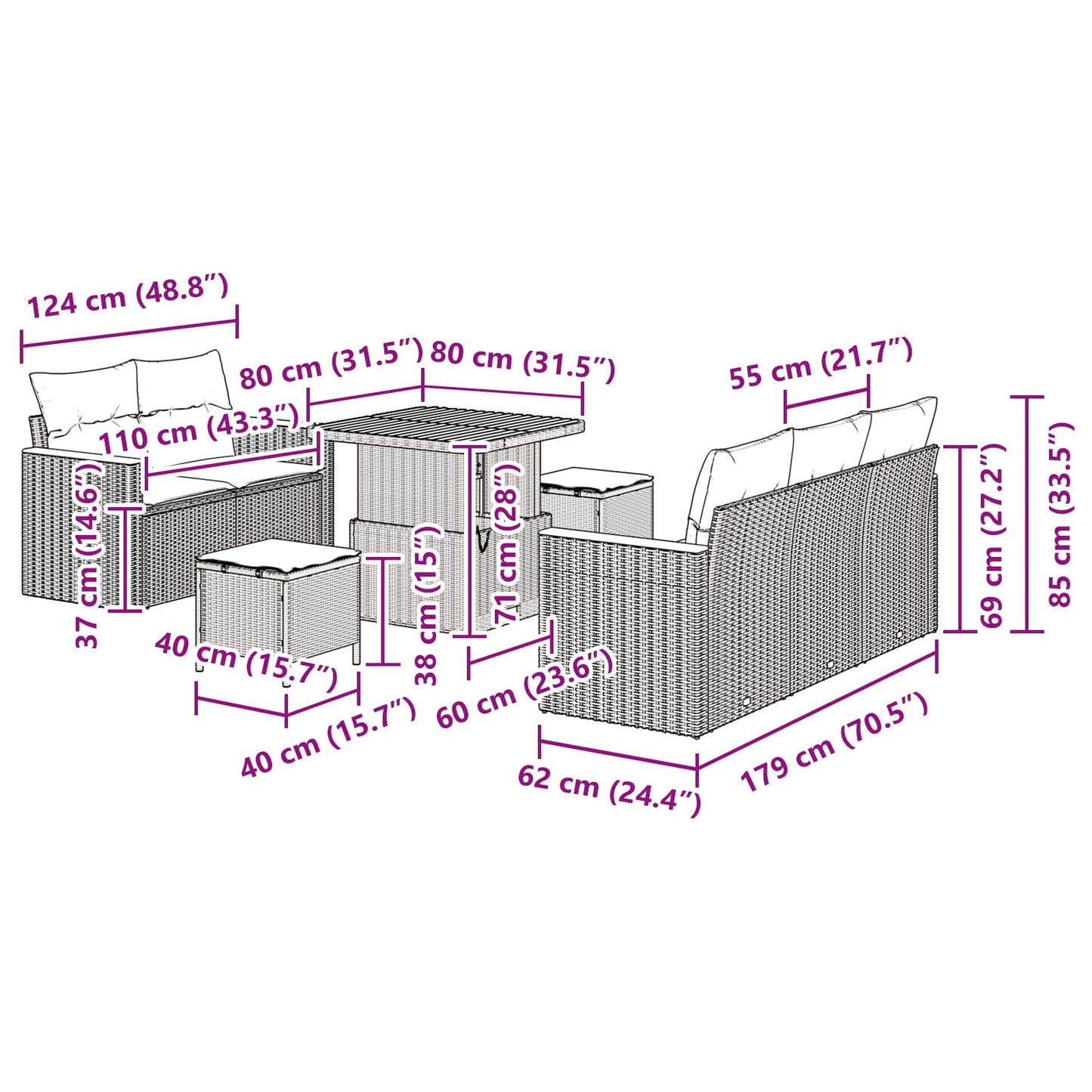 vidaXL Conjunto de Sofá de Jardim 8 pcs Preto vime PE
