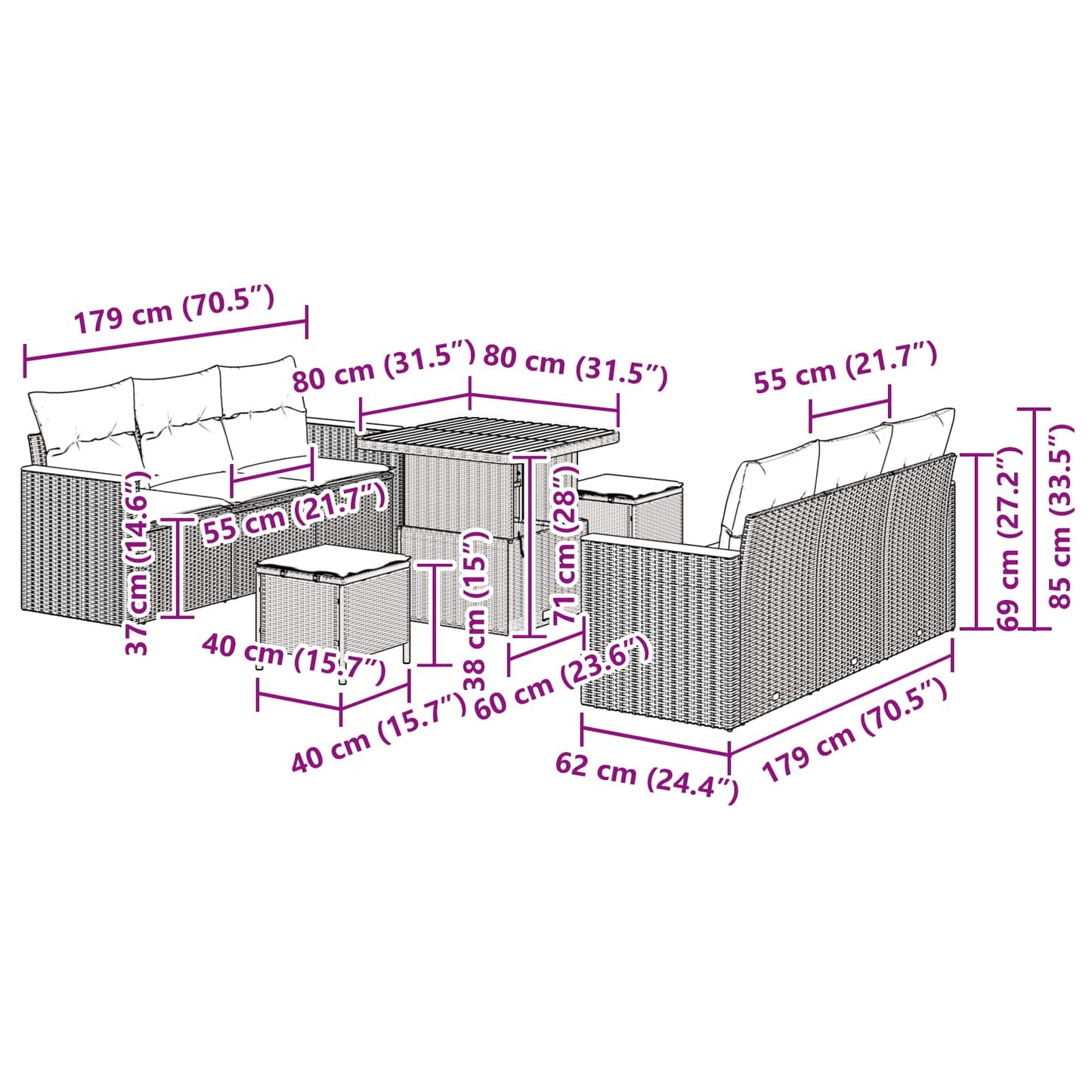 vidaXL Conjunto de Sofá de Jardim 9 pcs Preto vime PE