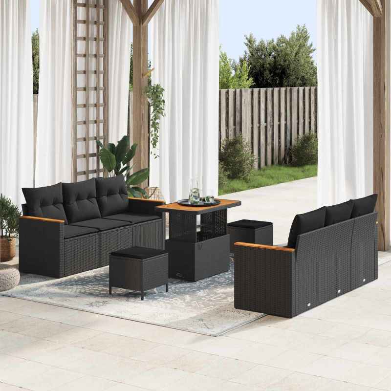 vidaXL Conjunto de Sofá de Jardim 9 pcs Preto vime PE